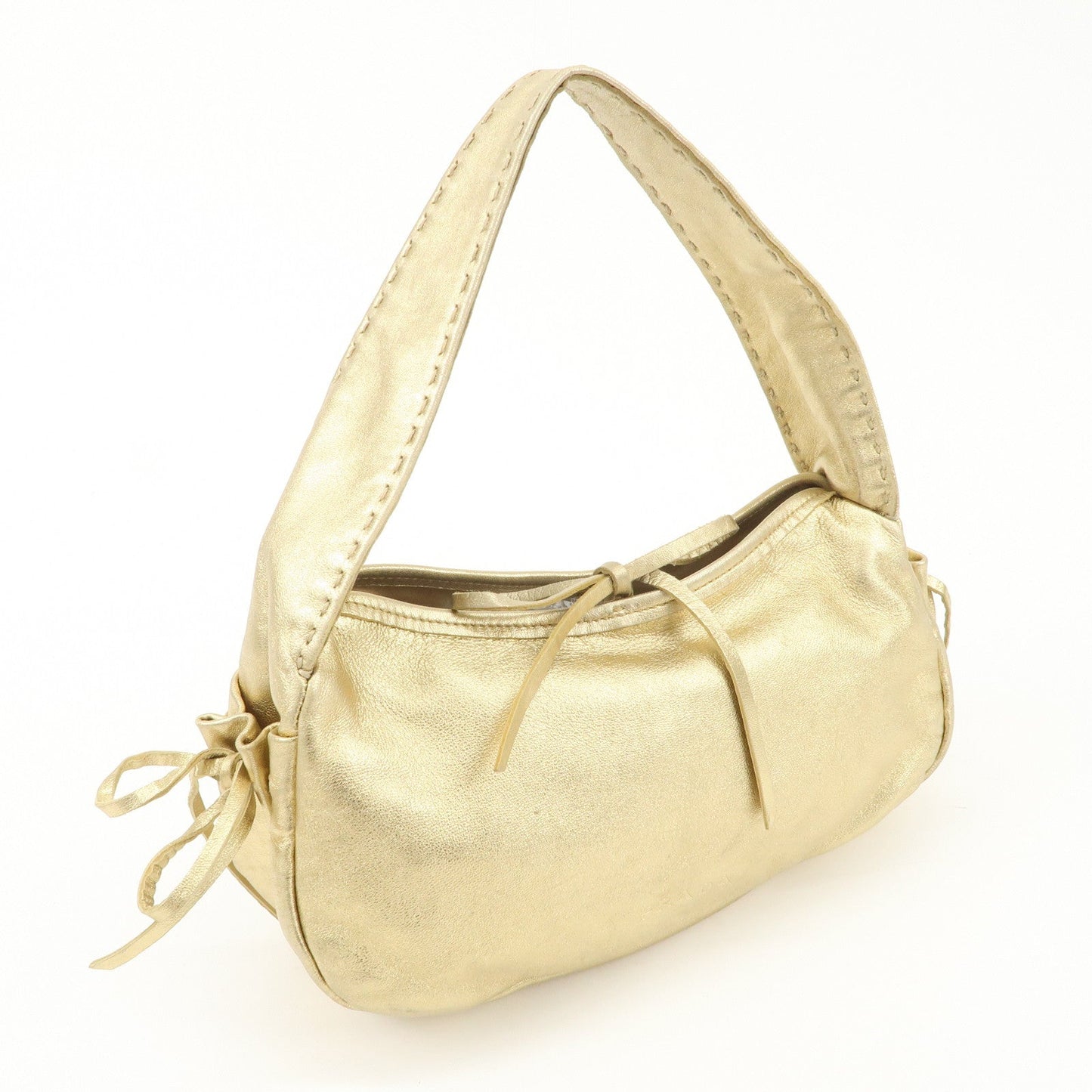 PRADA Leather Ribbon Hand Bag Shoulder Bag Gold d