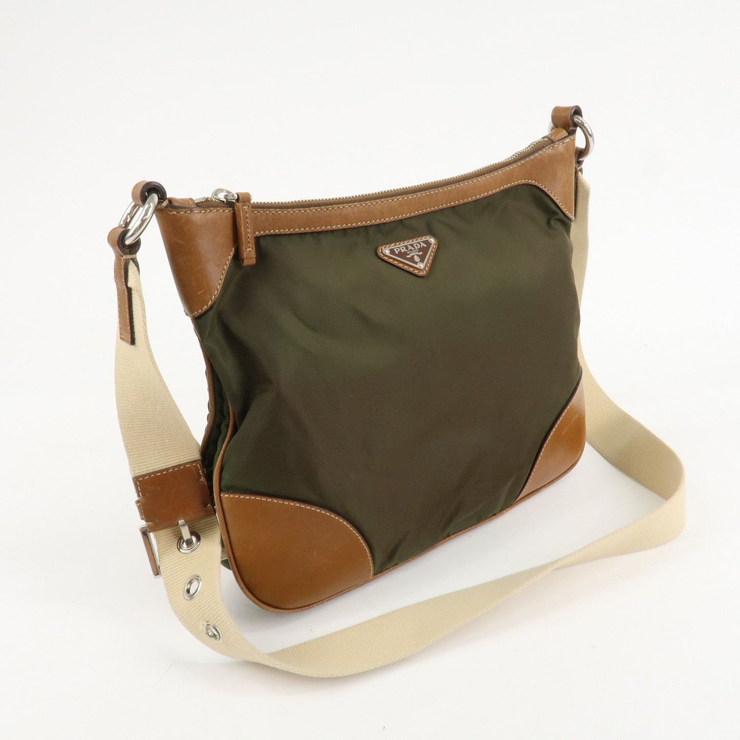 PRADA Nylon Leather Triangle Logo Shoulder Bag Khaki BT0507 d