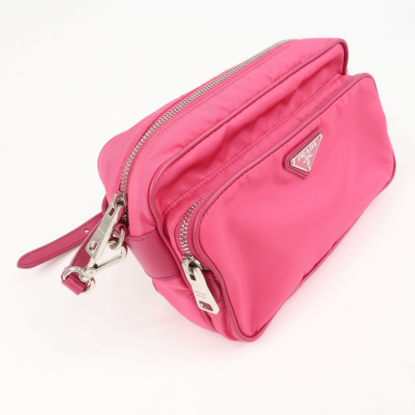 PRADA Triangle Logo Leather Shoulder Bag Pink Silver Hardware d