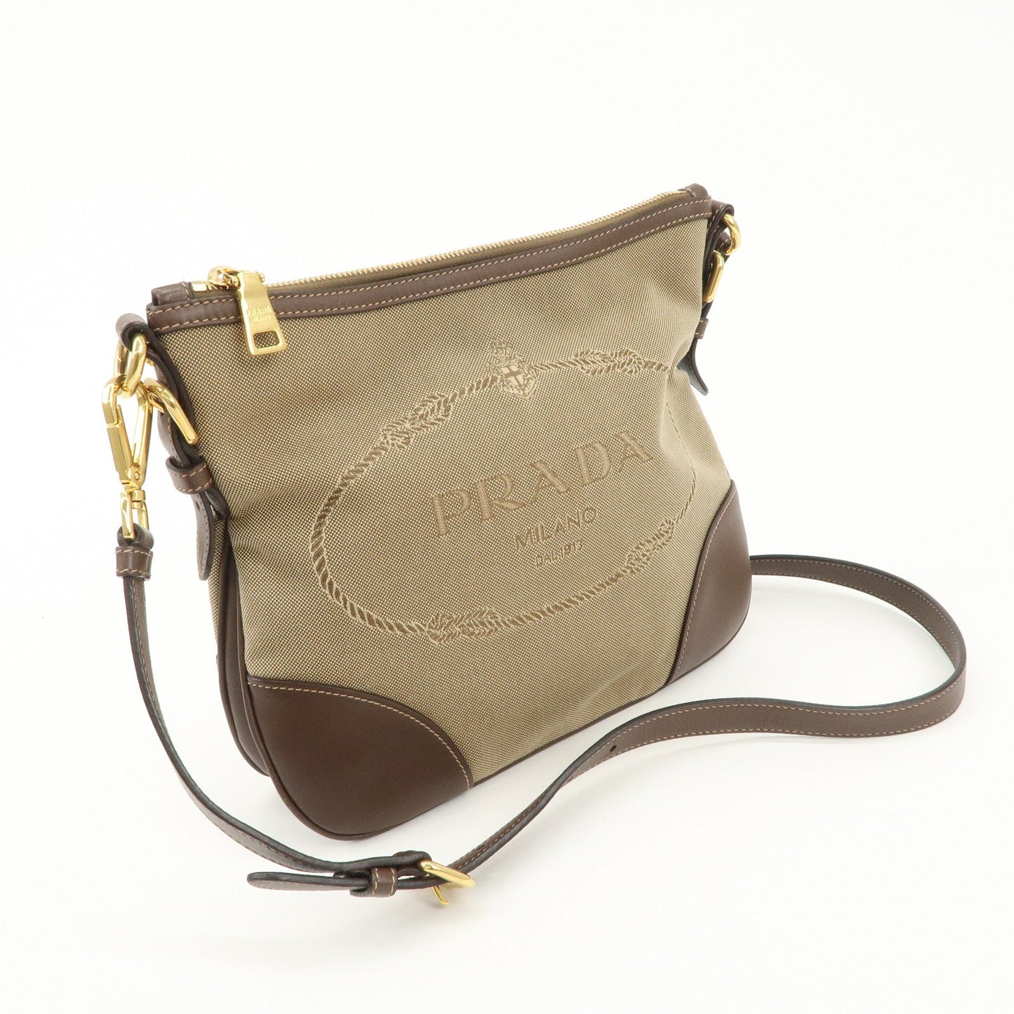 PRADA Logo Jaguard Leather Shoulder Bag Crossbody Bag Beige Brown d