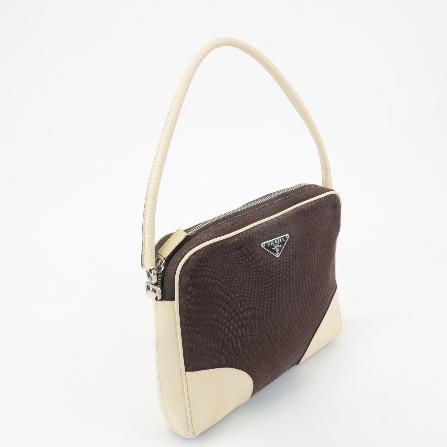 PRADA Triangle Logo Canvas Leather Shoulder Bag Brown Ivory d