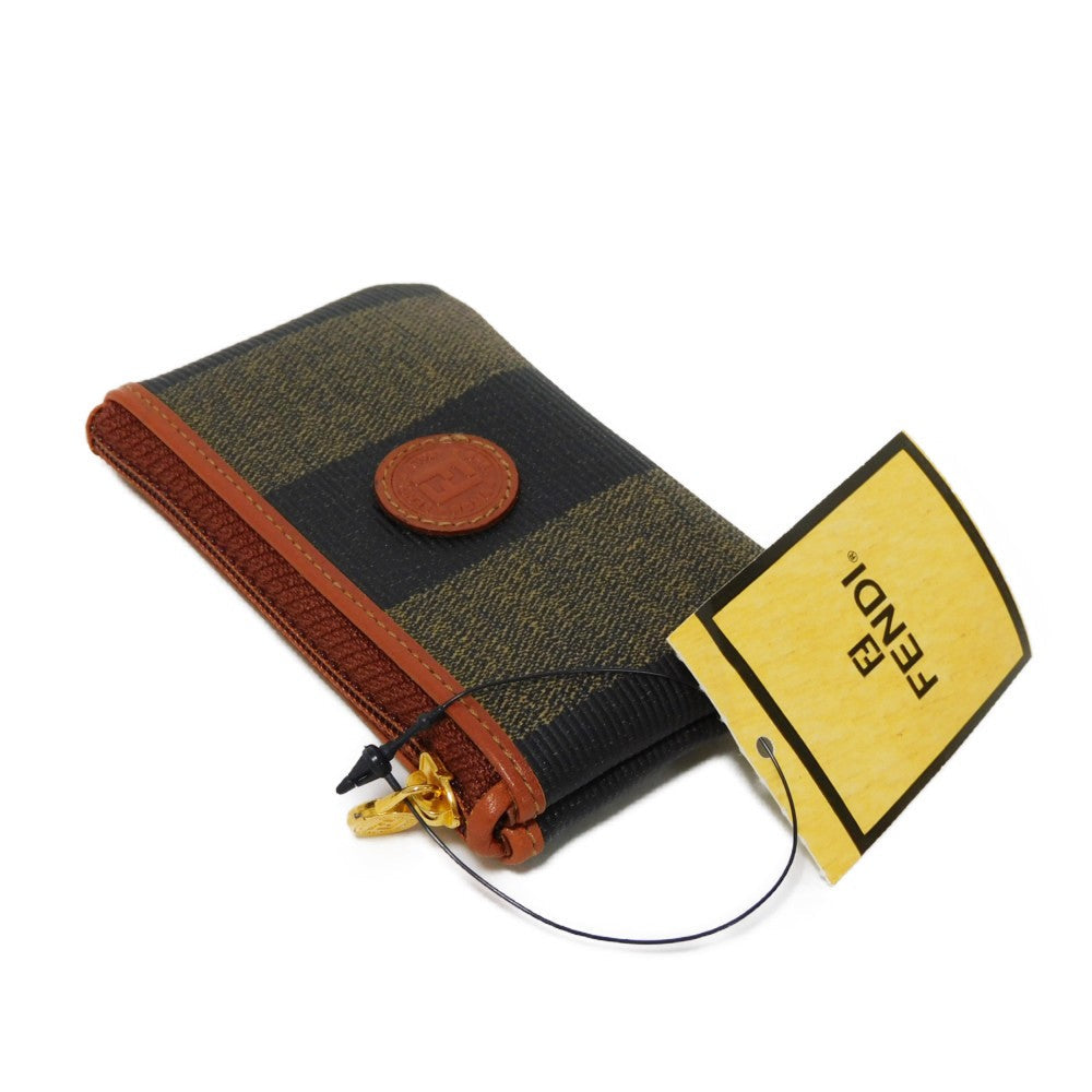 FENDI Coin case fabric Kaiqi Striped Brown Keyring FF logo Old Pecan Coin Purse unisex(Unisex)