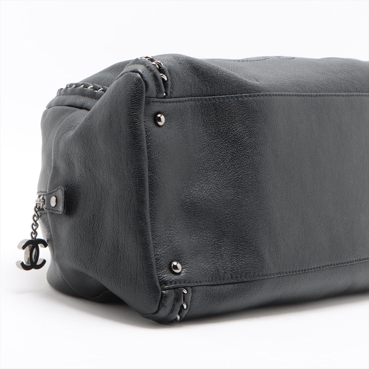 Chanel Line Leather Boston Bag Black Silver G