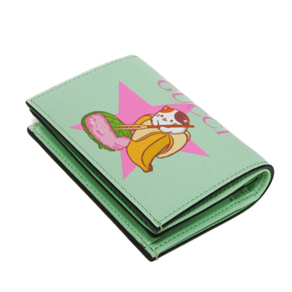 GUCCI Bifold Wallet 701009 U22AG 3067 Textured leather Mint green logo Bananya Compact Wallet Women