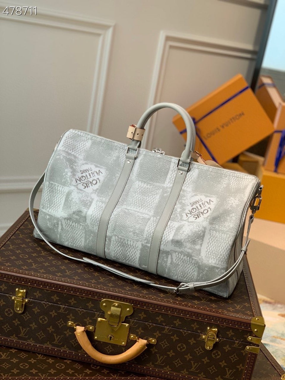 Top Quality Keepall Bandouliere 50 Damier Salt Canvas Stone Grey For Men, Bags, Travel Bags 19.7in/50cm Top Quality N50069