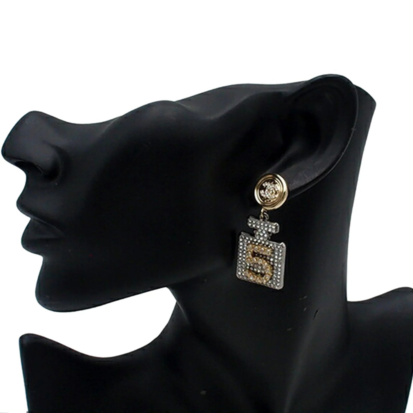 Gold Chanel Gold Plated and Silver Plated CC Rhinestone No 5 Perfume Bottle Drop Push Back Earrings