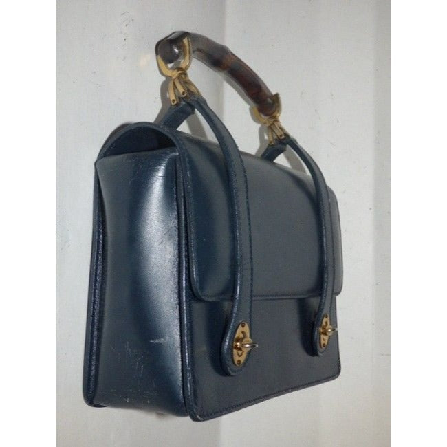 Gucci Navy Blue Leather And Bamboo Handle Satchel
