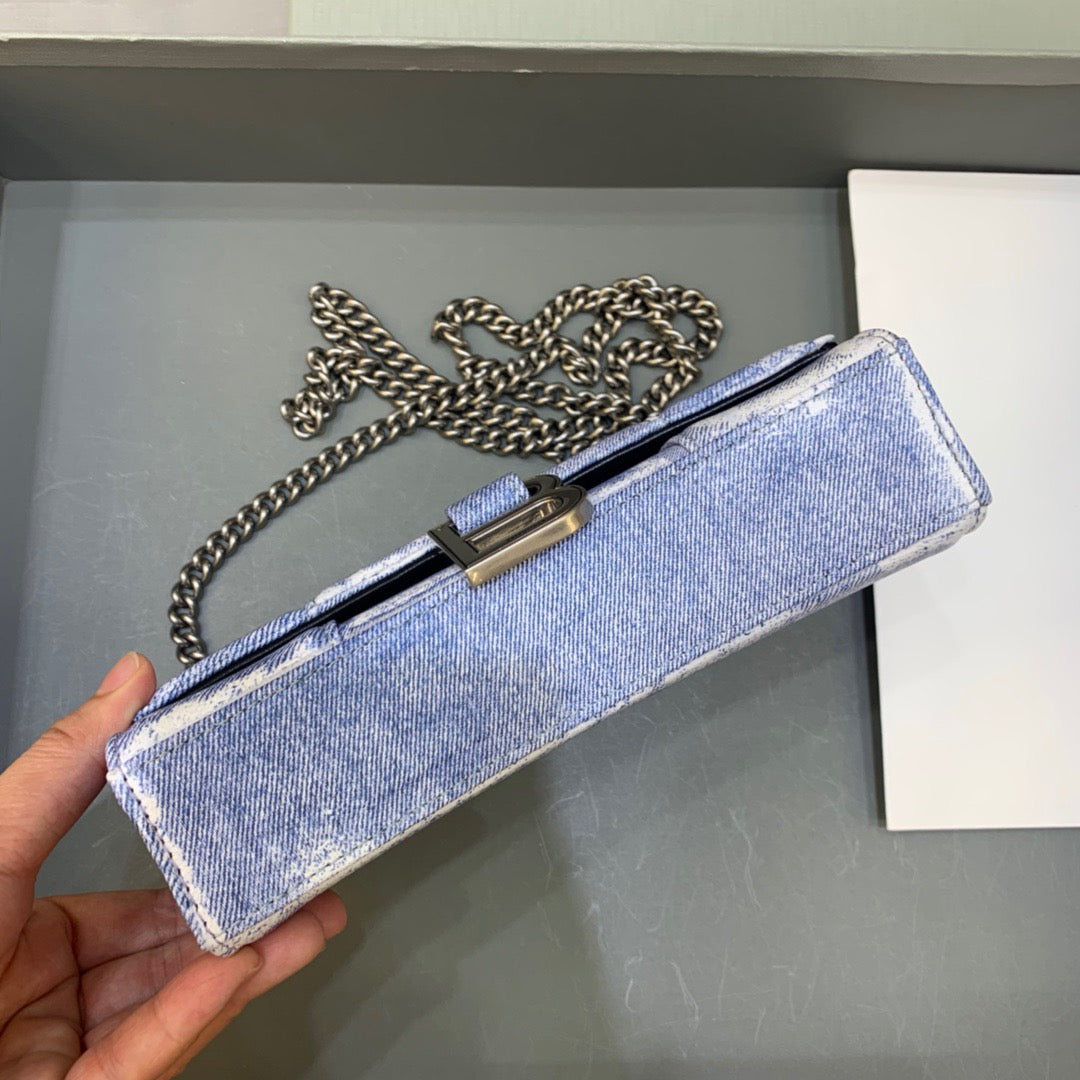 Top Quality Downtown Small Shoulder Bag With Chain Blue Washed, For Women, Bags 11.8in/30cm
