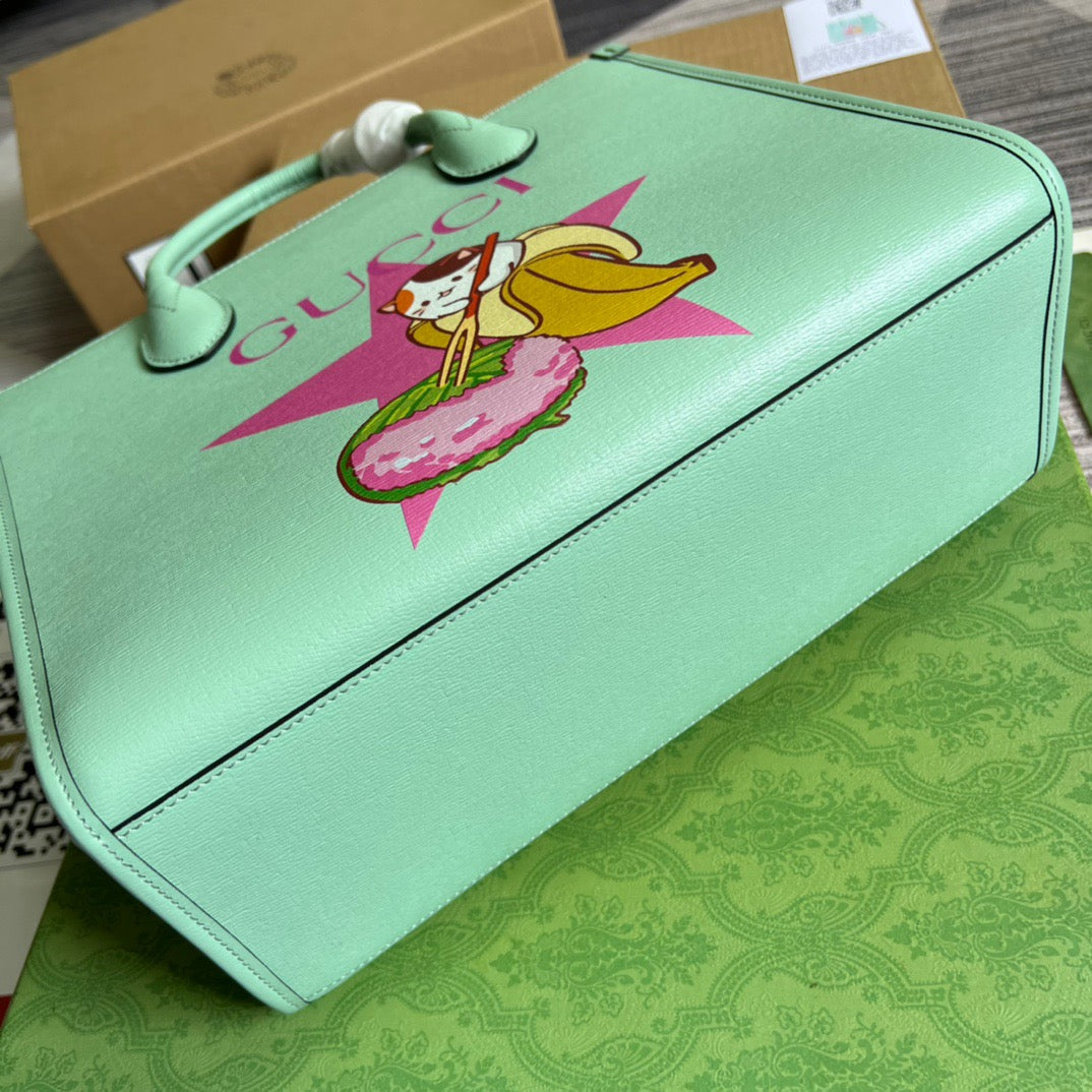 gg Bananya Print Small Tote Green For Women, Women’s Bags 12in/31cm gg 659983 U22AG 3067