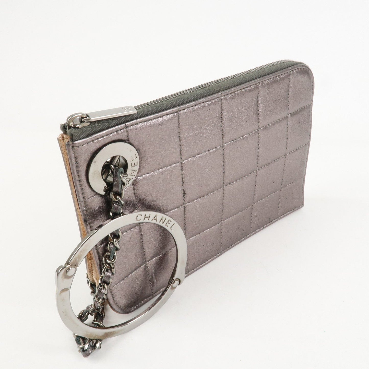 CHANEL Chocolate Bar Leather Clutch Bag Hand Bag Silver