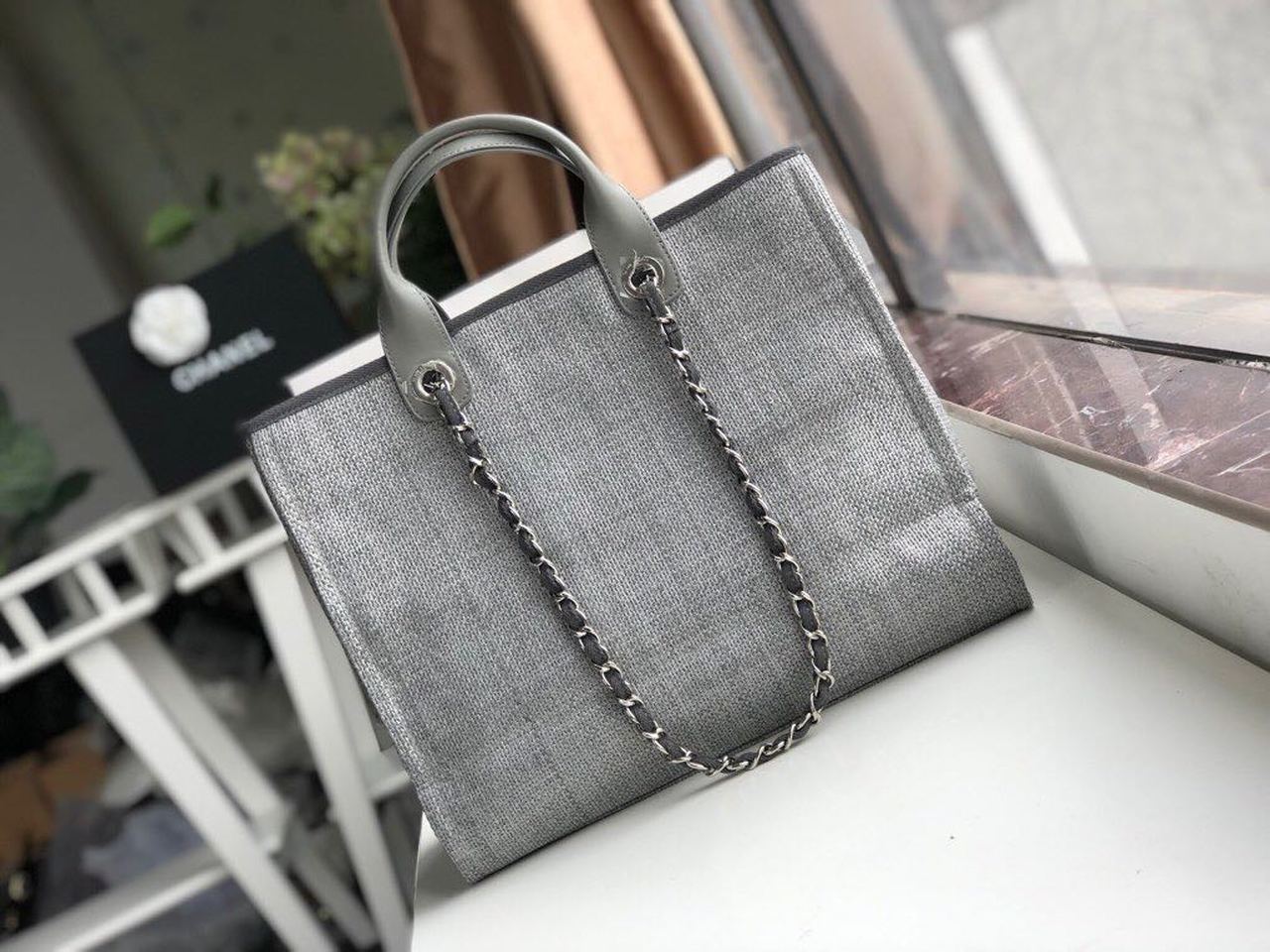 CHLSmall Shopping Bag Silver Hardware Grey For Women Handbags, Shoulder Bags 15.2in/39cm AS3257