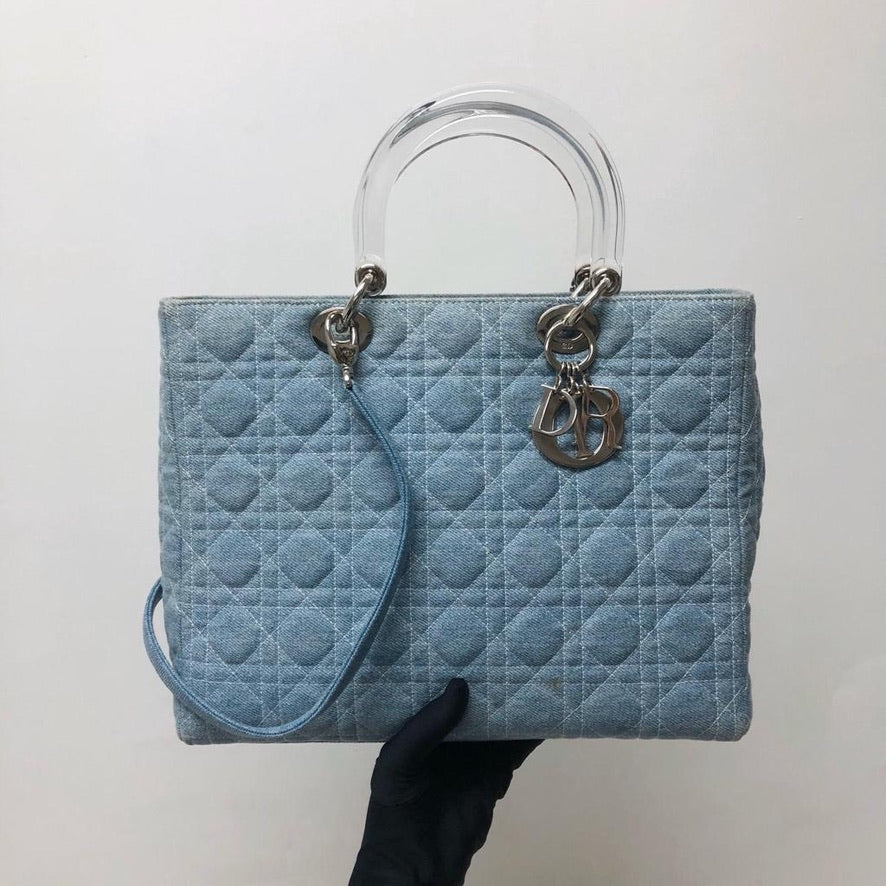 Lady Dior Large Denim Quilted Cannage tote with strap and acrylic handle GHW