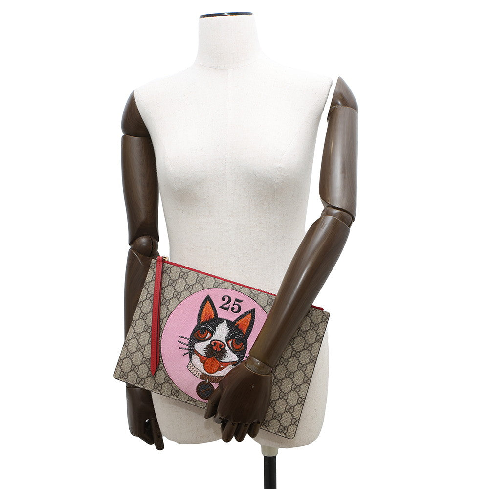 GUCCI ?BOSCO Clutch Bag Beige/Pink/Red506280 GG Supreme Suede Leather