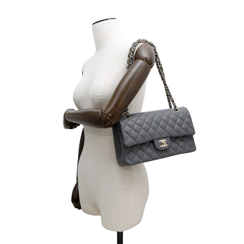 CHANEL Matelasse Double Flap Chain Shoulder Bag GrayA01112 Caviar Leather Size 25