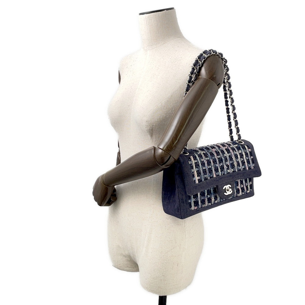 CHANEL Matelasse W flap ChainShoulder NavyA01112 Tweed Denim Leather
