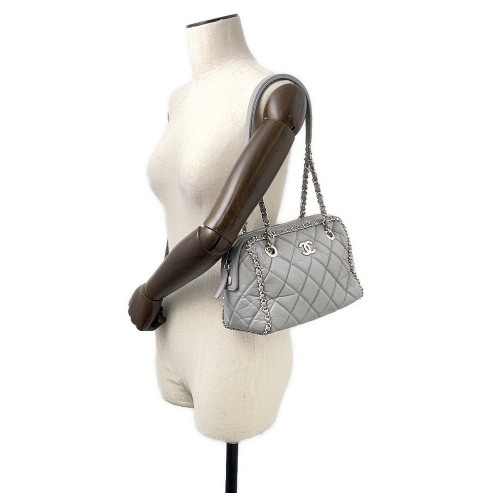 CHANEL Luxury Line ChainShoulder Bag Light Gray Calf Leather