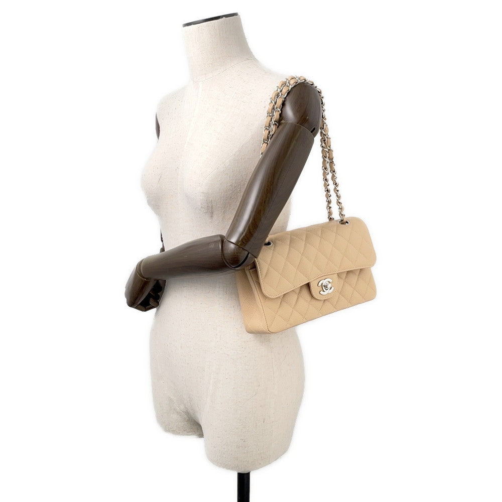 CHANEL Matelasse W Flap ChainShoulder Bag BeigeA01113 Caviar Leather Size 23