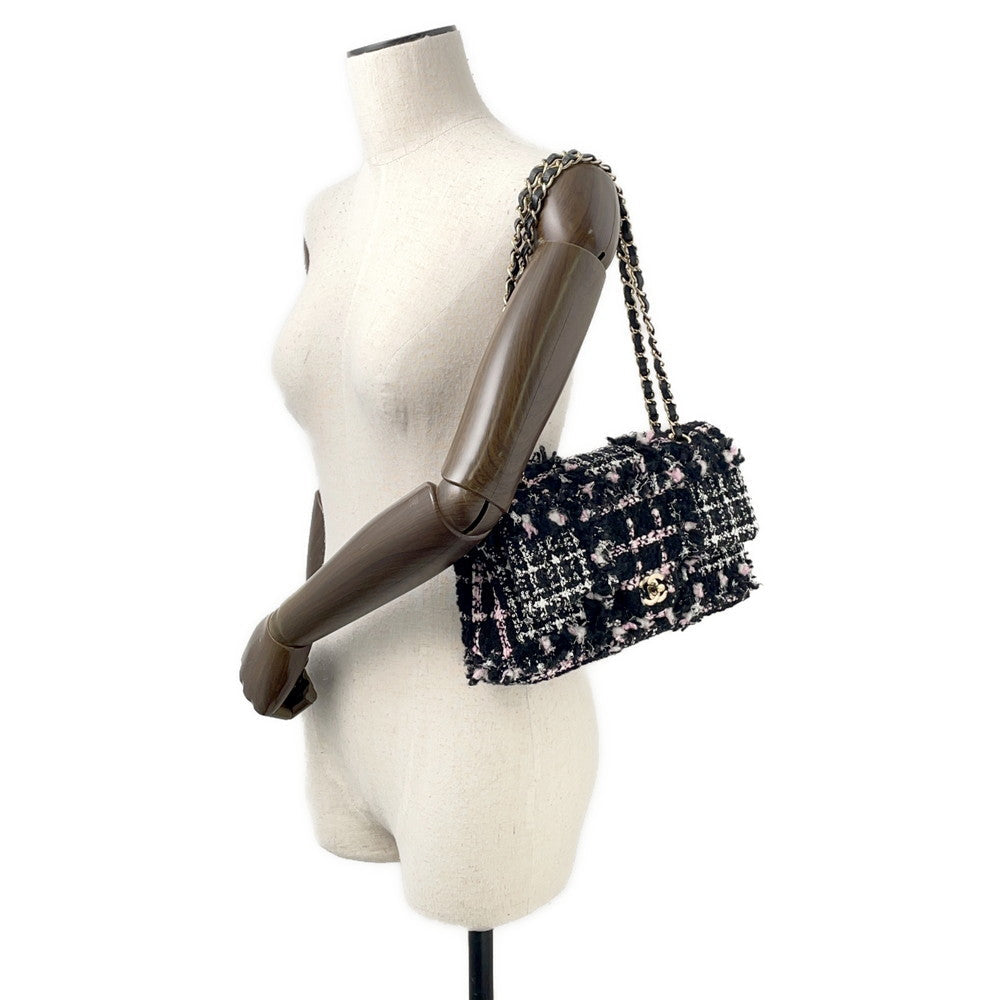 CHANEL Matelasse ChainShoulder Bag Black/White/PinkA01112 Tweed Lambskin Sequins Size 25