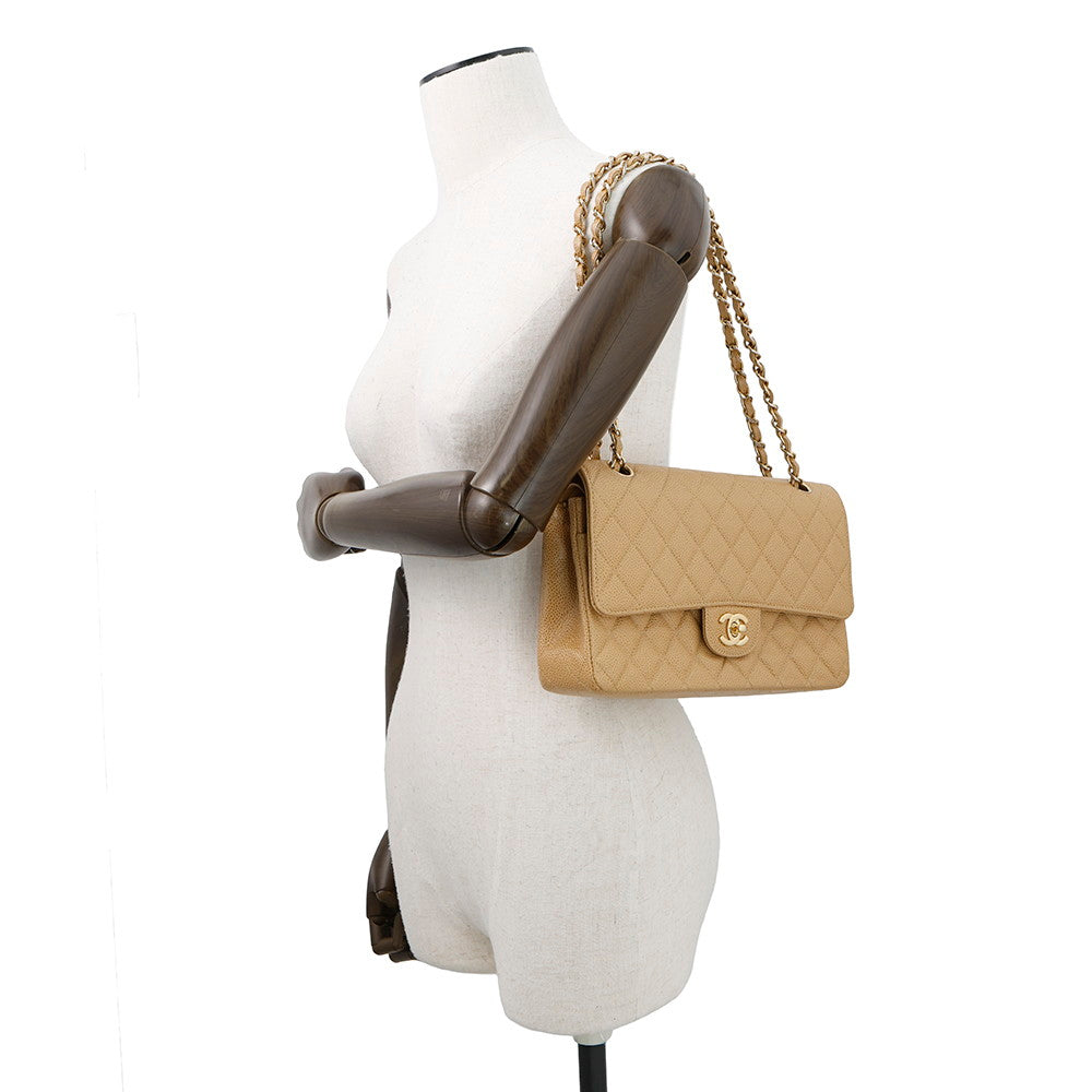 CHANEL Matelasse W Flap ChainShoulder Bag BeigeA01112 Caviar Leather Size 25