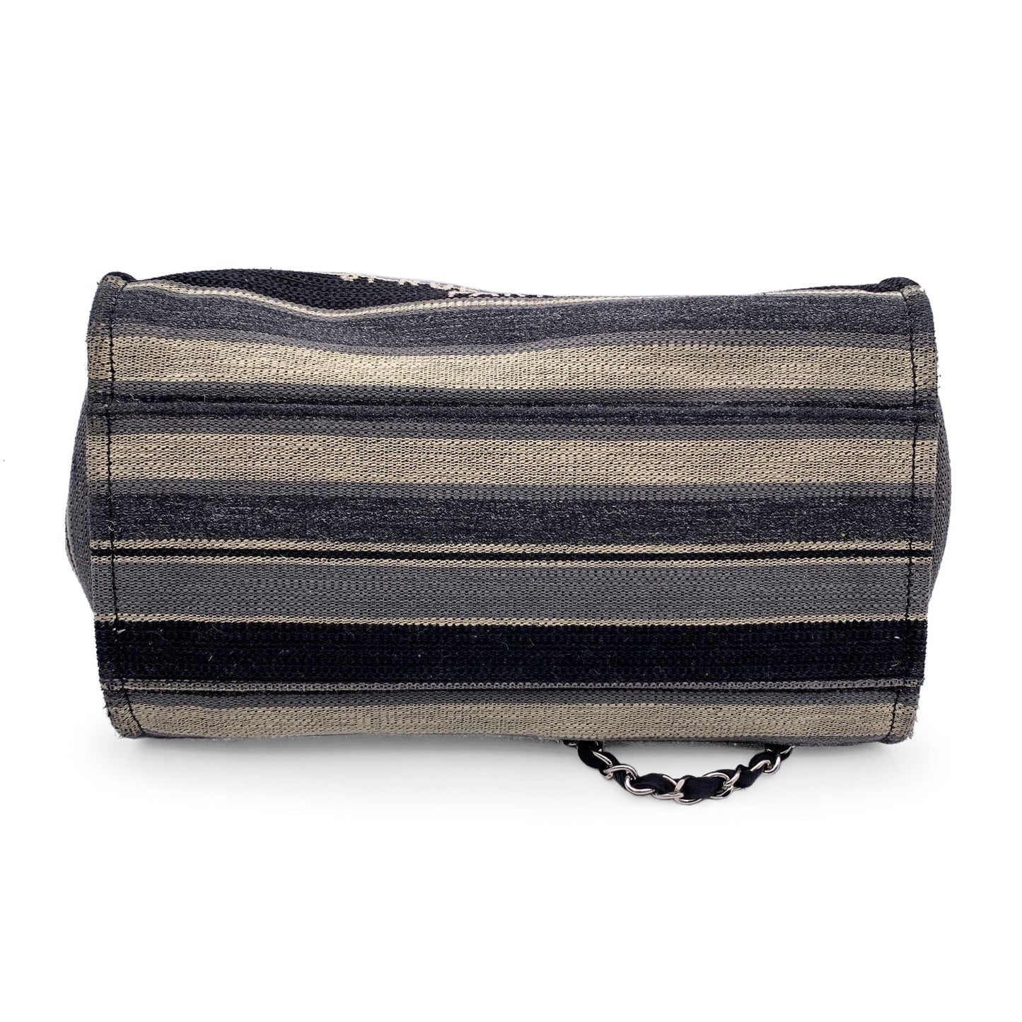 CHANEL Black Grey Striped Canvas Medium Deauville Tote Bag