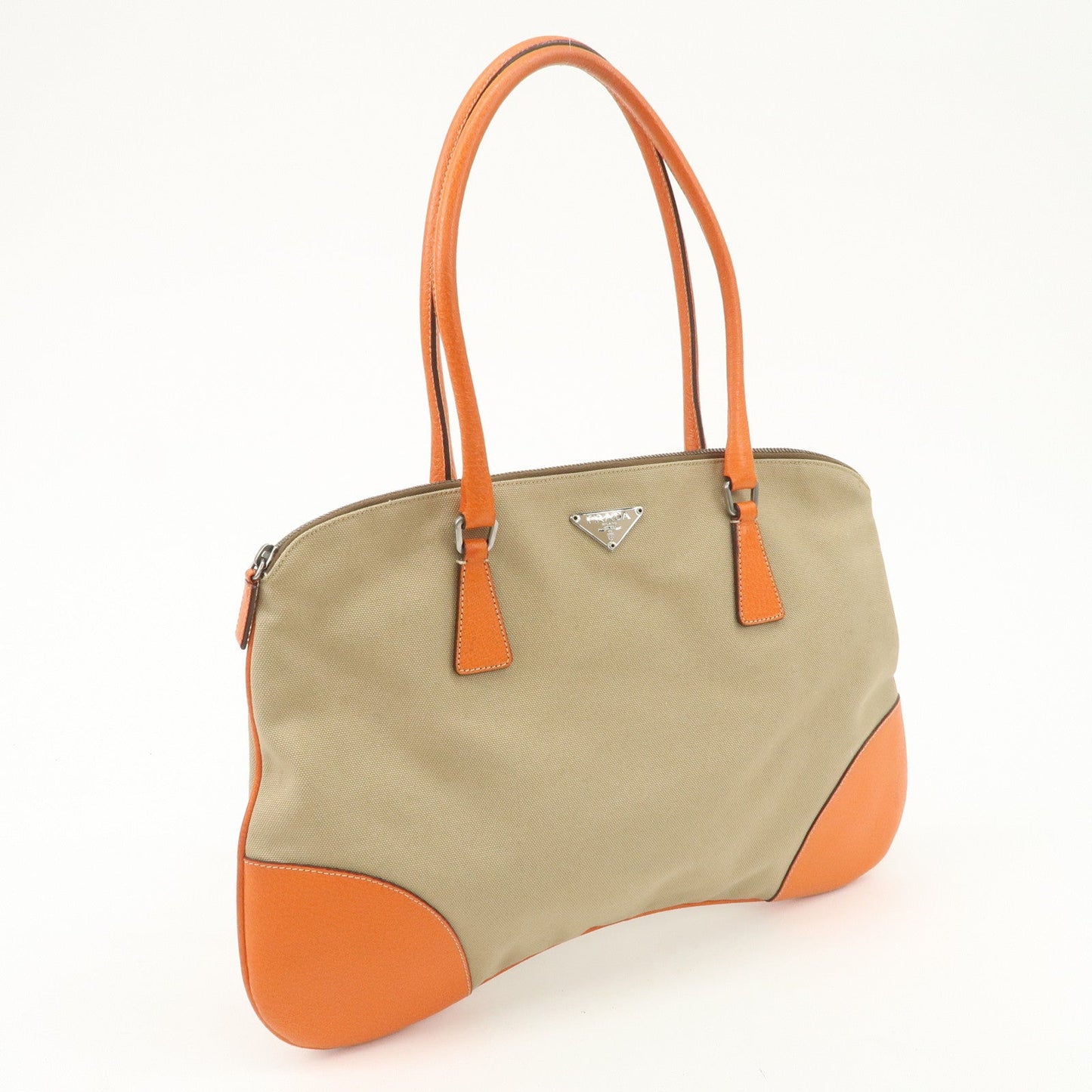 PRADA Triangle Logo Canvas Leather Shoulder Bag Orange Beige d