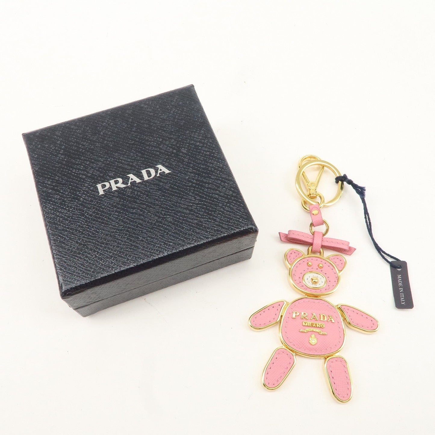 PRADA Saffiano Leather Metal Bear Bag Charm Key Chain Pink d