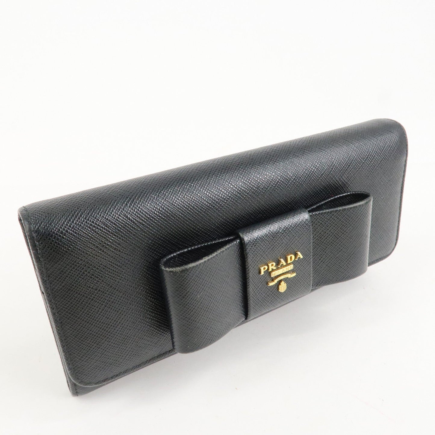 PRADA Saffiano Leather Flap Bi-Fold Long Wallet Black Gold 1MH132 d