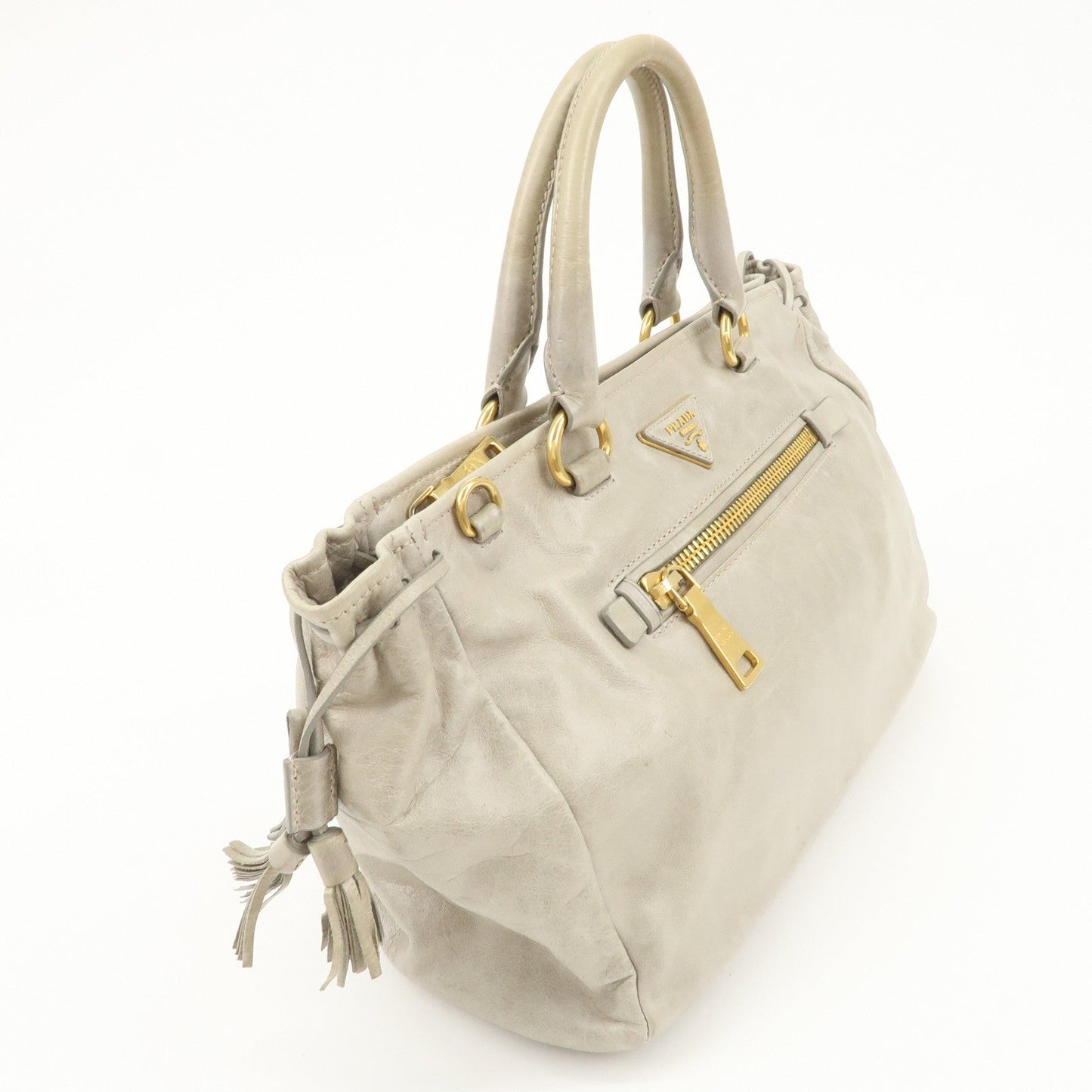 PRADA Triangle Logo VITELLOSHINE Leather 2Way Bag Hand Bag Gray BN1921 d