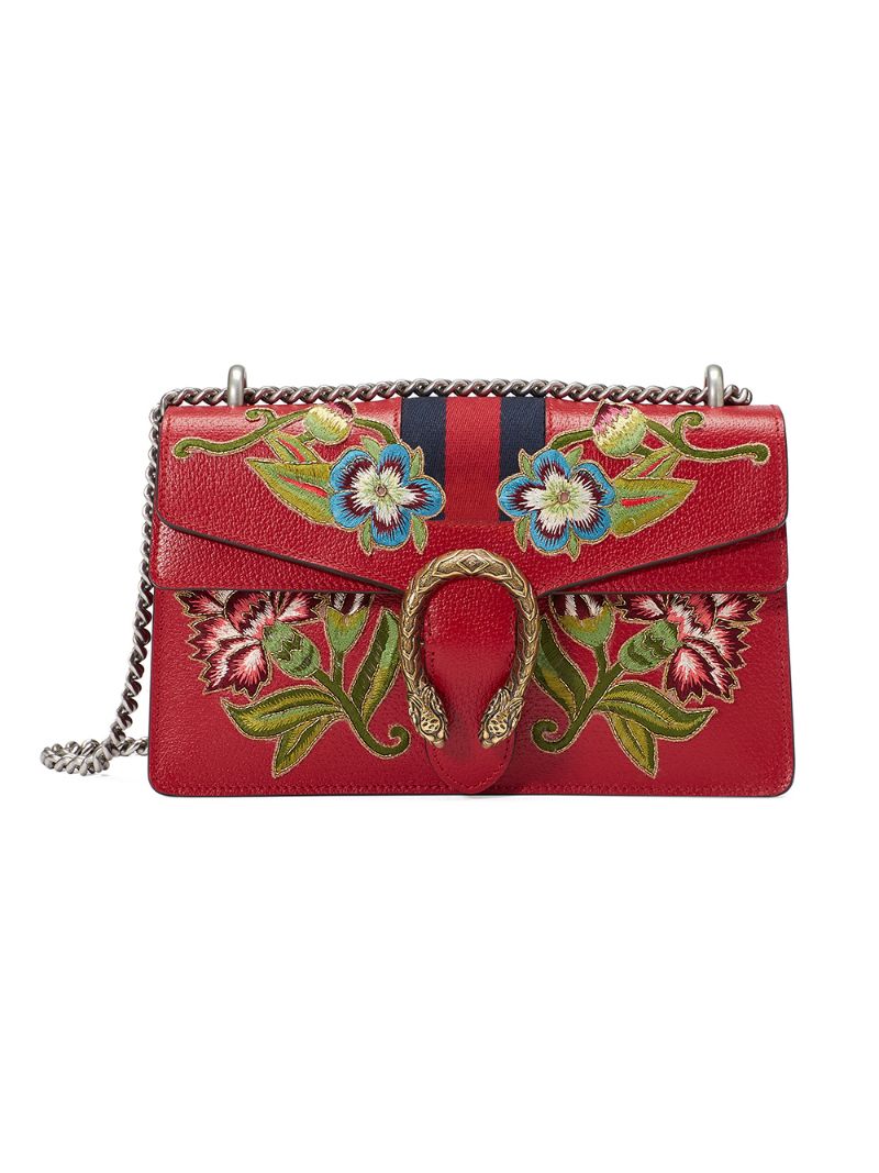 Gucci - Dionysus embroidered leather shoulder bag - women - metal/Leather - One Size - Red