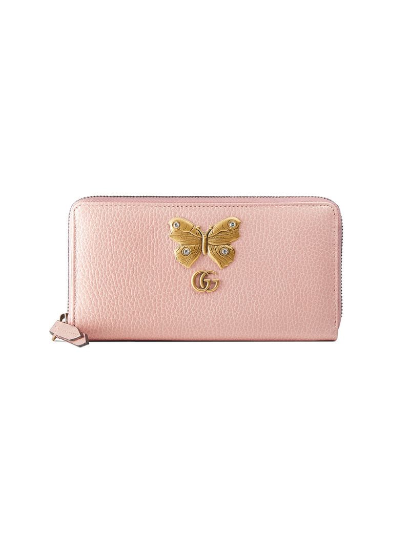 Gucci - Leather zip around wallet with butterfly - women - Crystal/Leather/metal - One Size - PINK