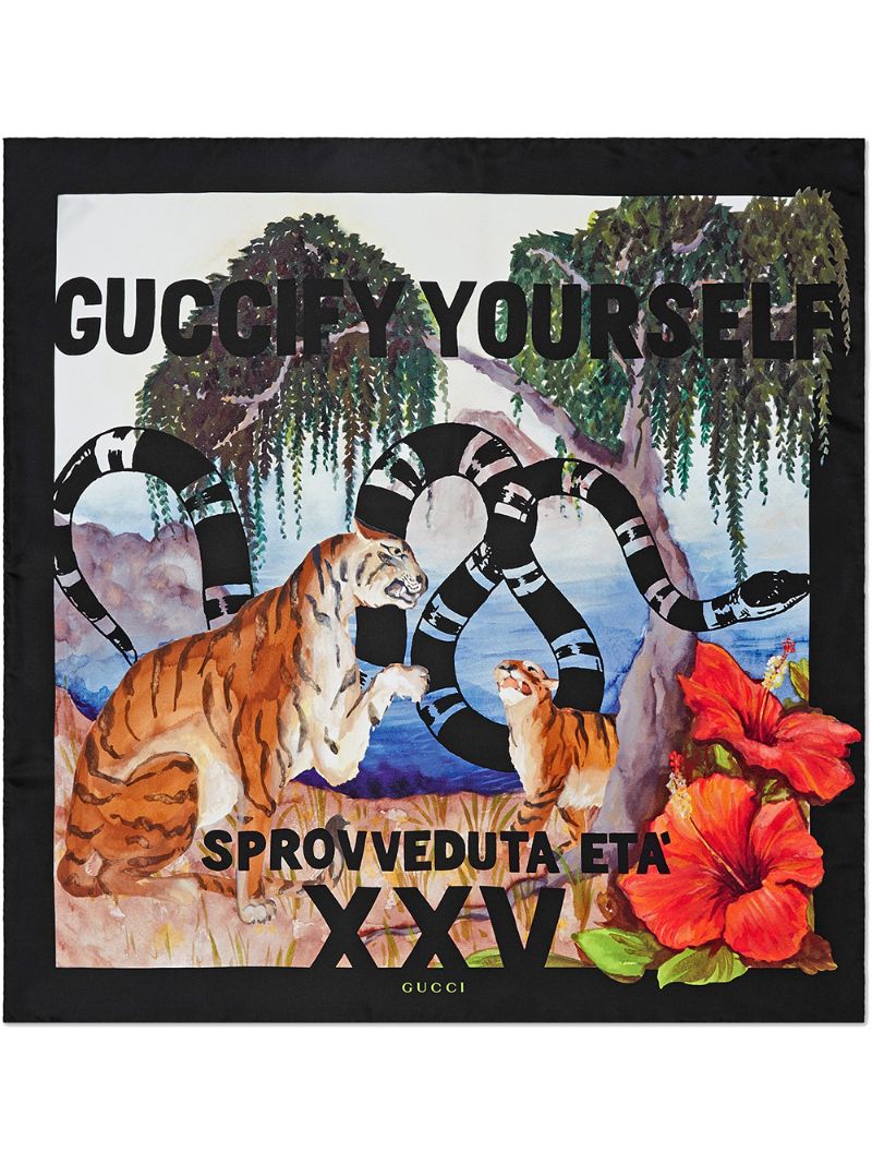 Gucci - multicoloured ”Guccify Yourself” print silk scarf - women - Silk - One Size - Black