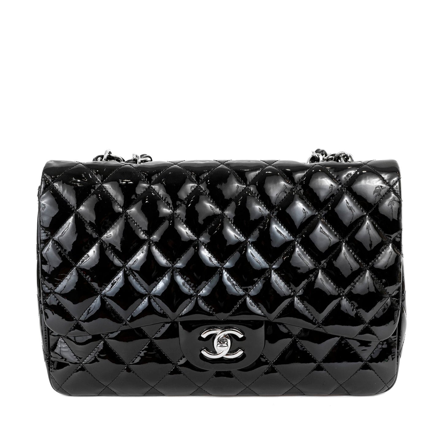 Chanel Black Patent Leather Jumbo Classic with Silver Hardware