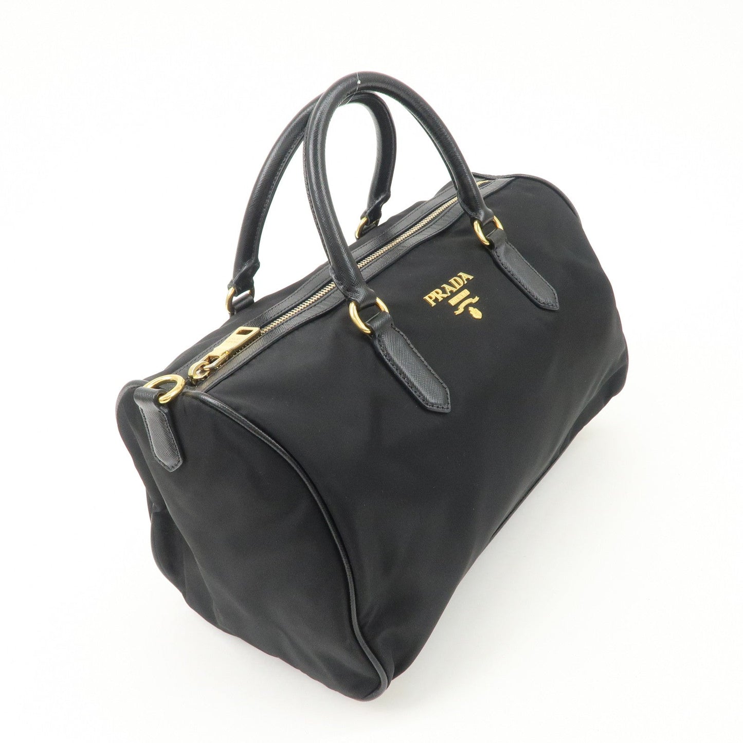 PPRADA Logo Nylon Leather Boston Bag Hand Bag Black Gold HDW d