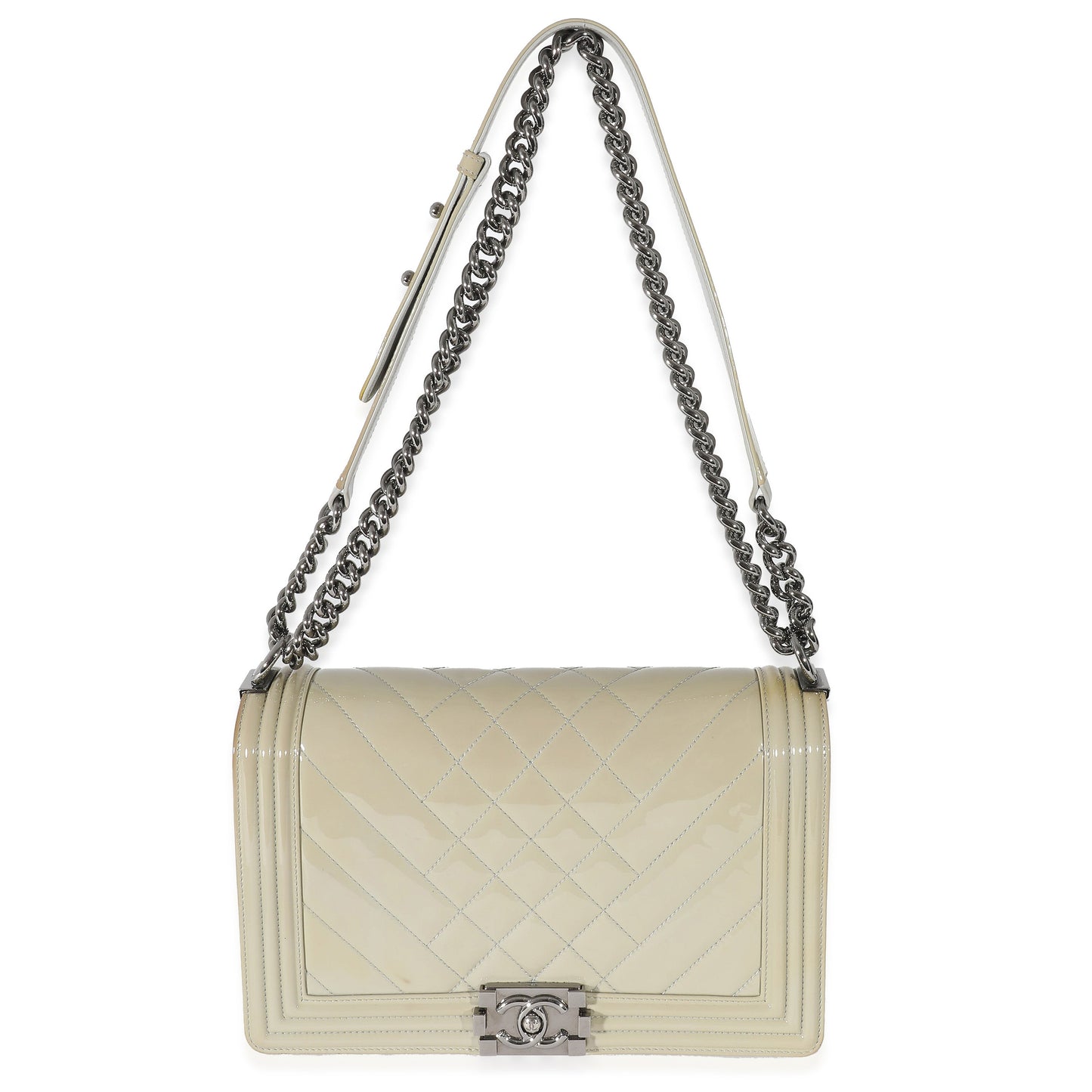 CHANEL 14P Grey Patent Mix Quilted New Medium Boy Bag