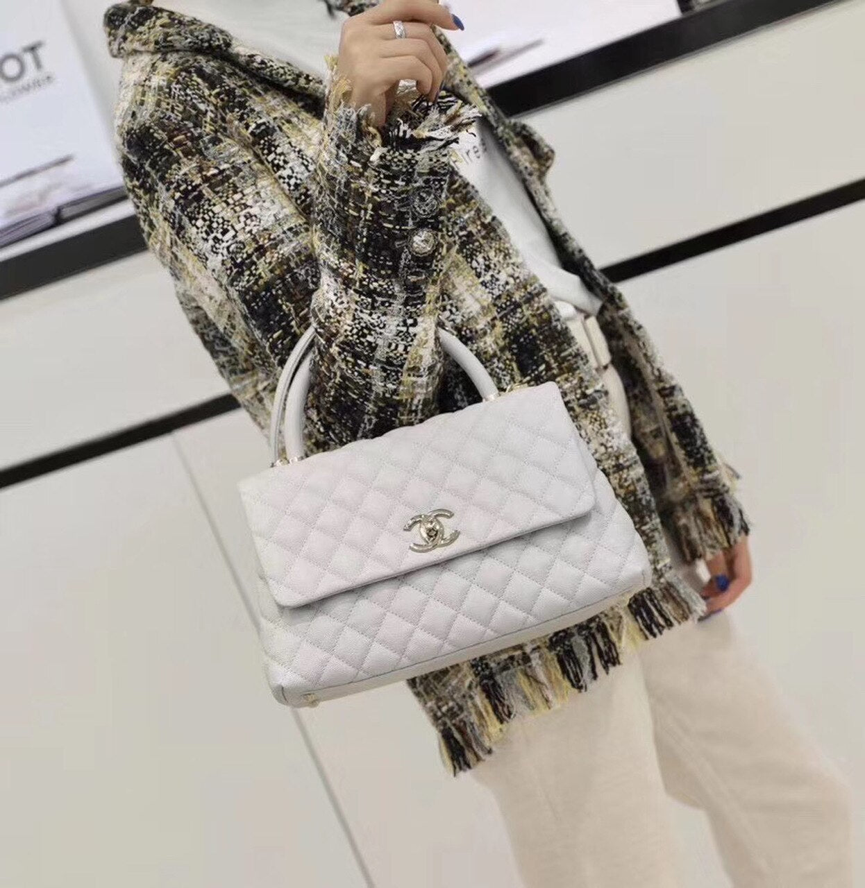 CHL Coco With Top Handle Bag Gold Toned Hardware White For Women 11in/29cm