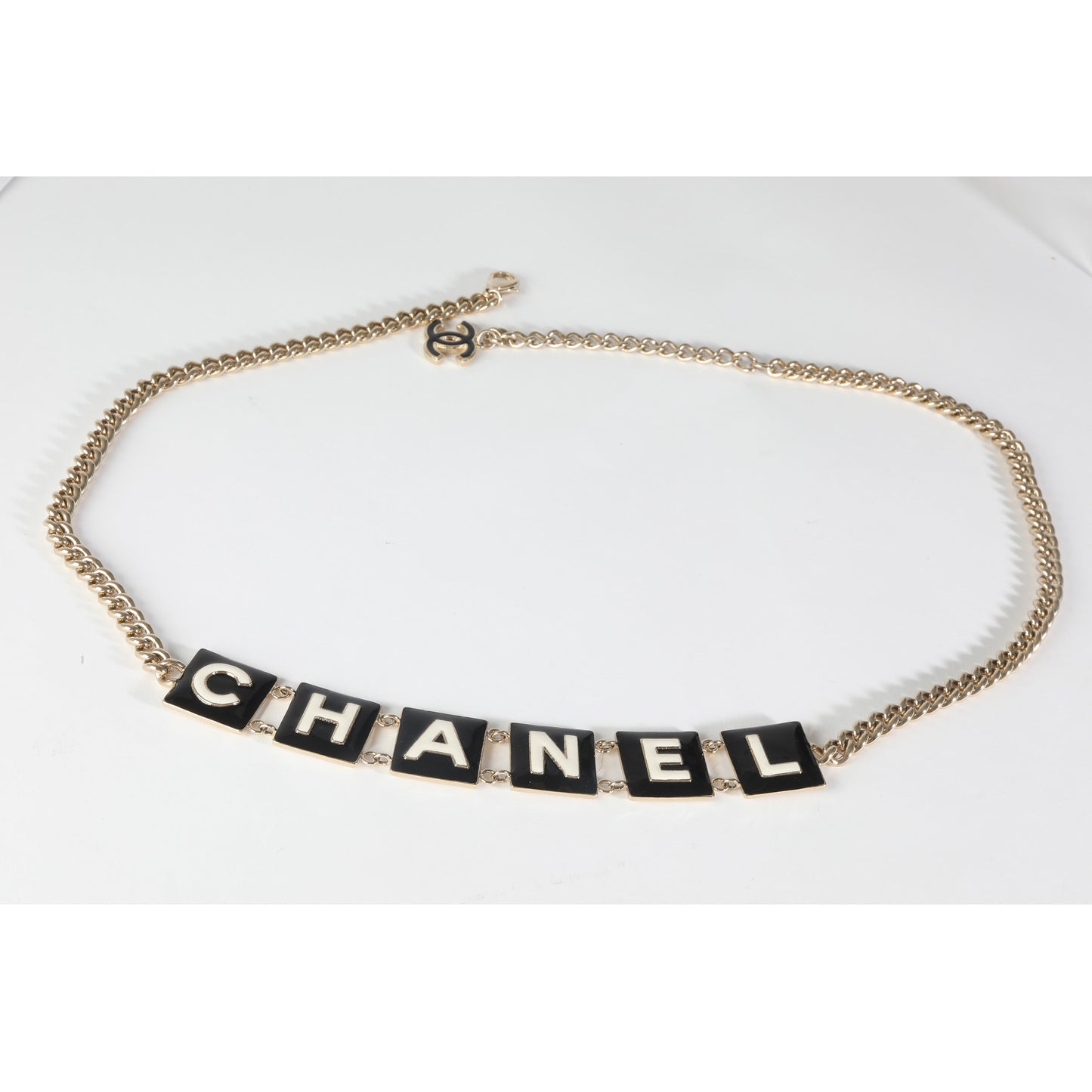 CHANEL 2022 Black & White Enamel Gold Plated Logo Belt