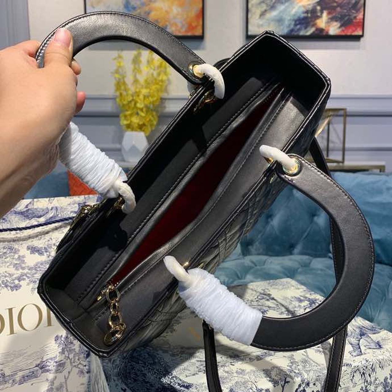 Top Quality Large Lady Bag Gold Toned Hardware Black Cannage For Women 12.5in/32cm CD