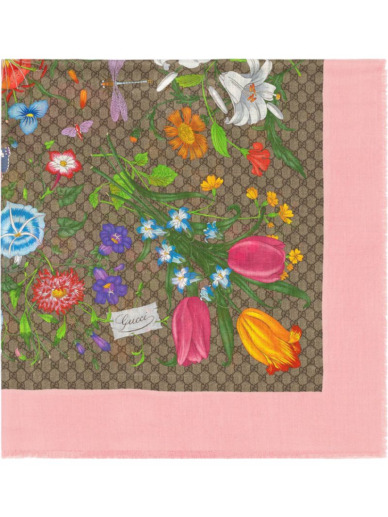 Gucci - GG floral-print scarf - women - Silk/Wool - One Size - PINK