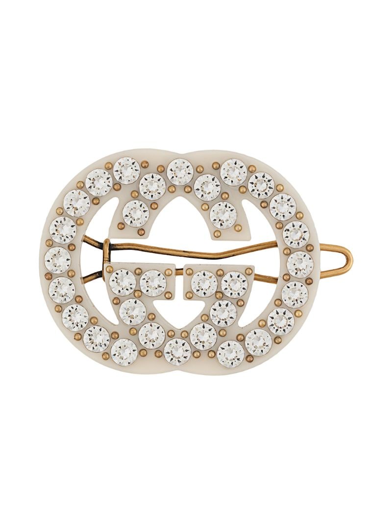 Gucci - crystal-embellished Double G hair clip - women - Brass/glass - One Size - White