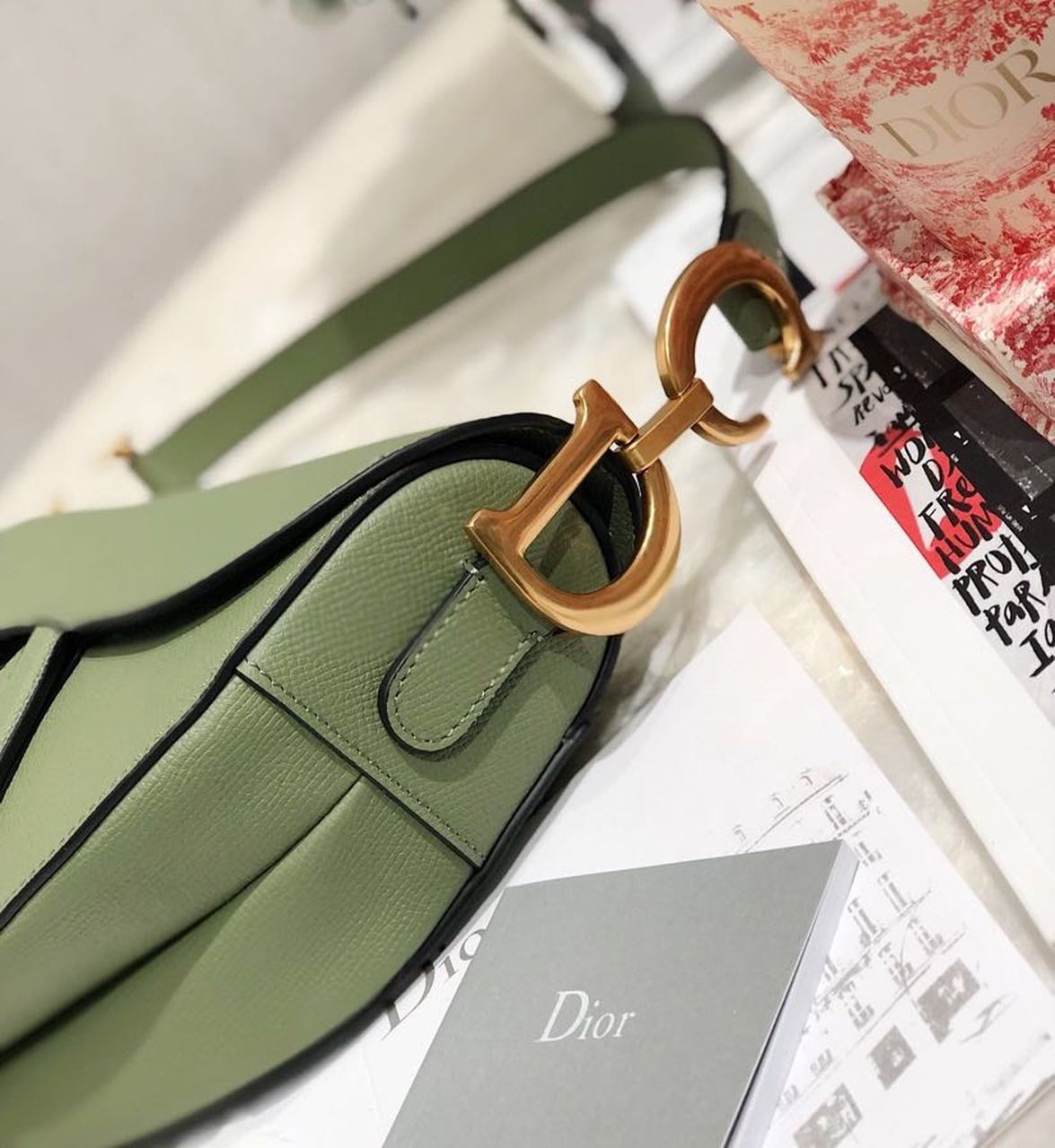Top Quality Cedar Green Grained Saddle Bag Gold Toned Hardware Canvas For Women 25cm/10in CD M0446CBAA_M67H
