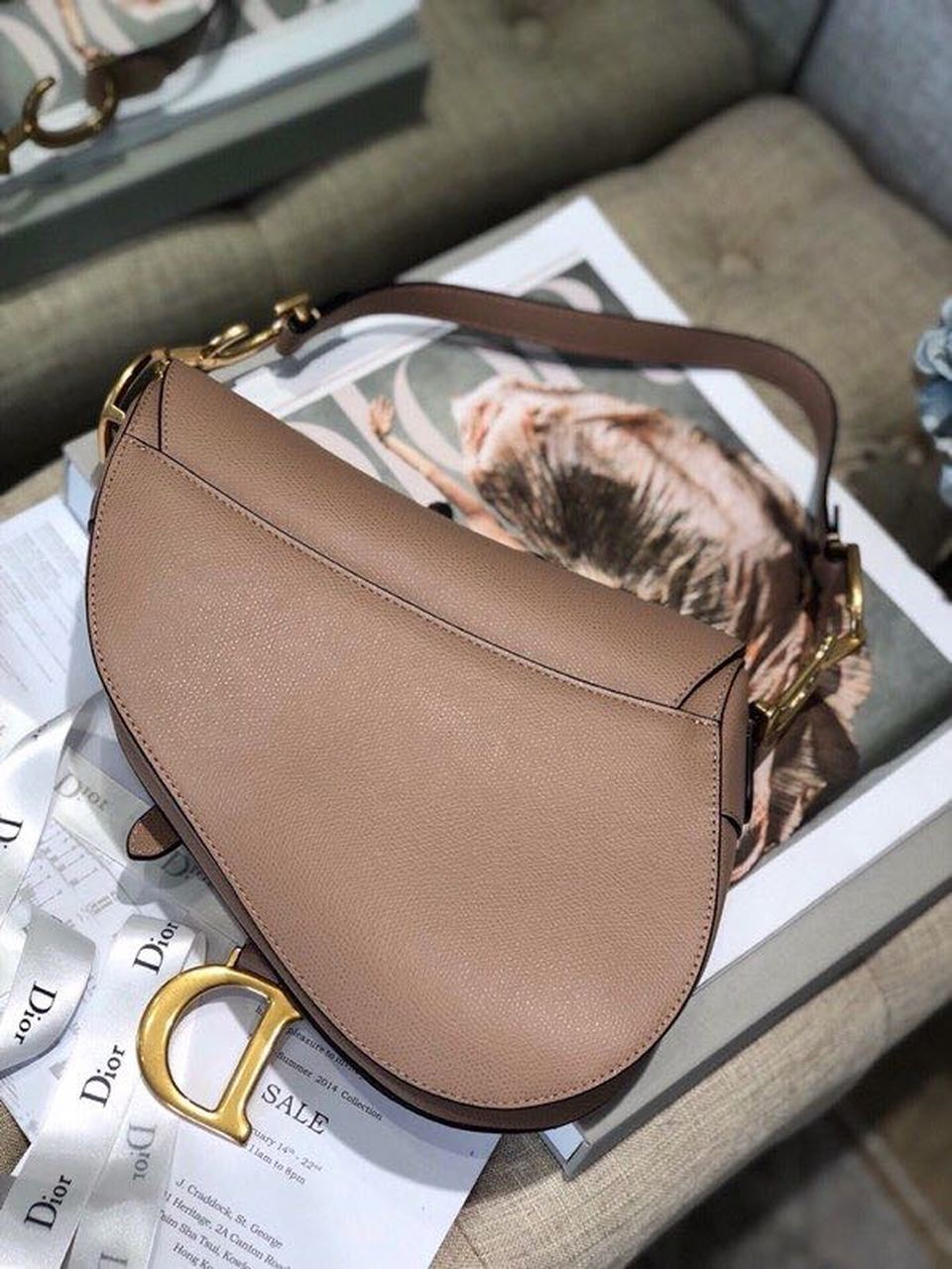 Top Quality Warm Taupe Grained Saddle Bag Gold Toned Hardware Canvas For Women 25cm/10in CD M0446CBAA_M45M