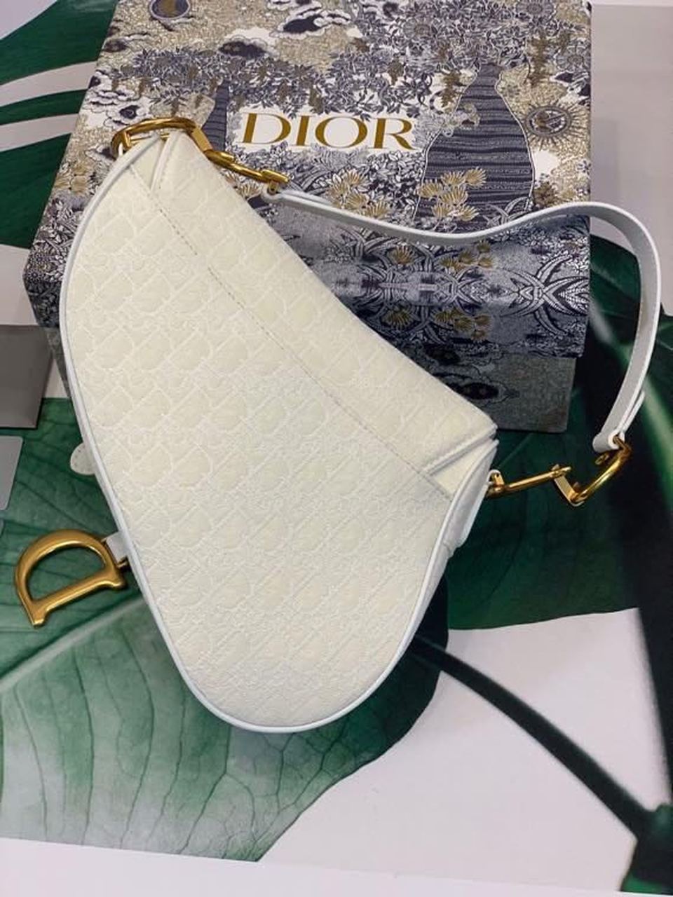 Top Quality Saddle Bag White Oblique Embroidered Canvas Gold Toned Hardware For Women 25cm/10in CD