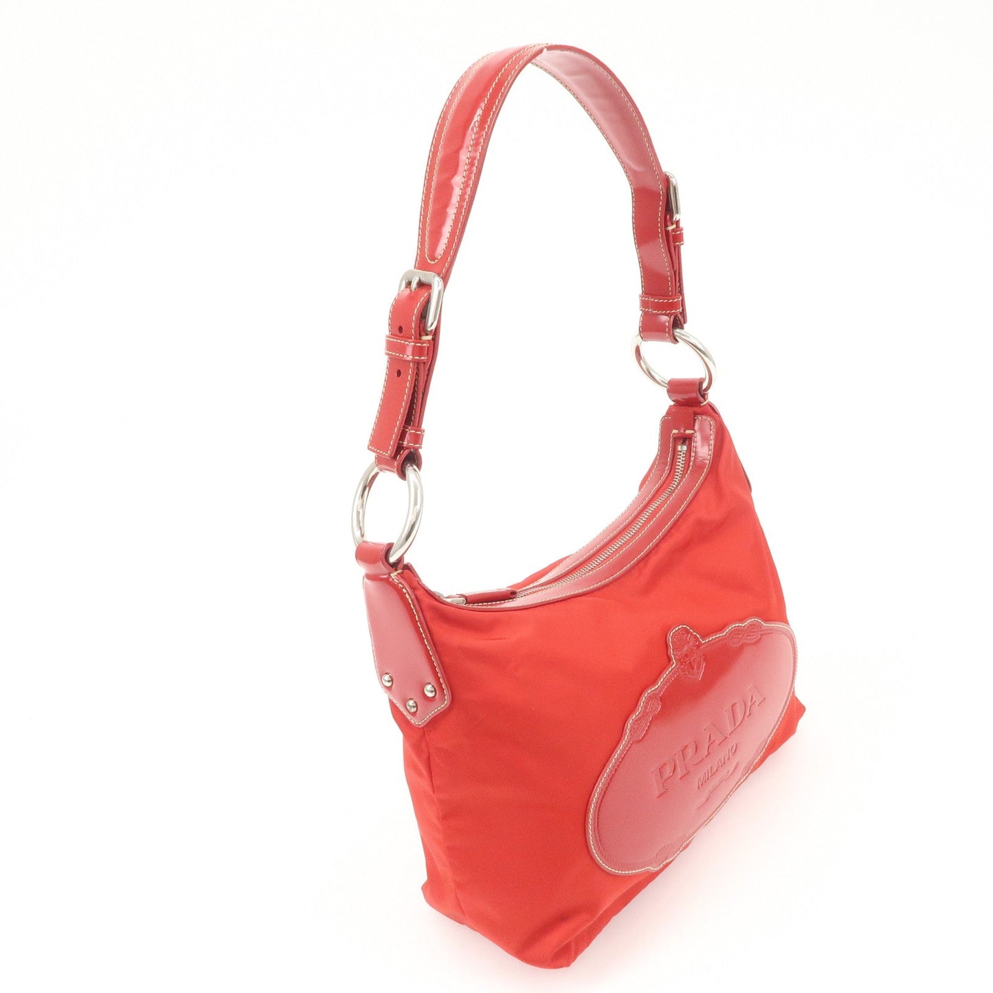 PRADA Logo Nylon Leather Shoulder Bag Silver HDW Red d