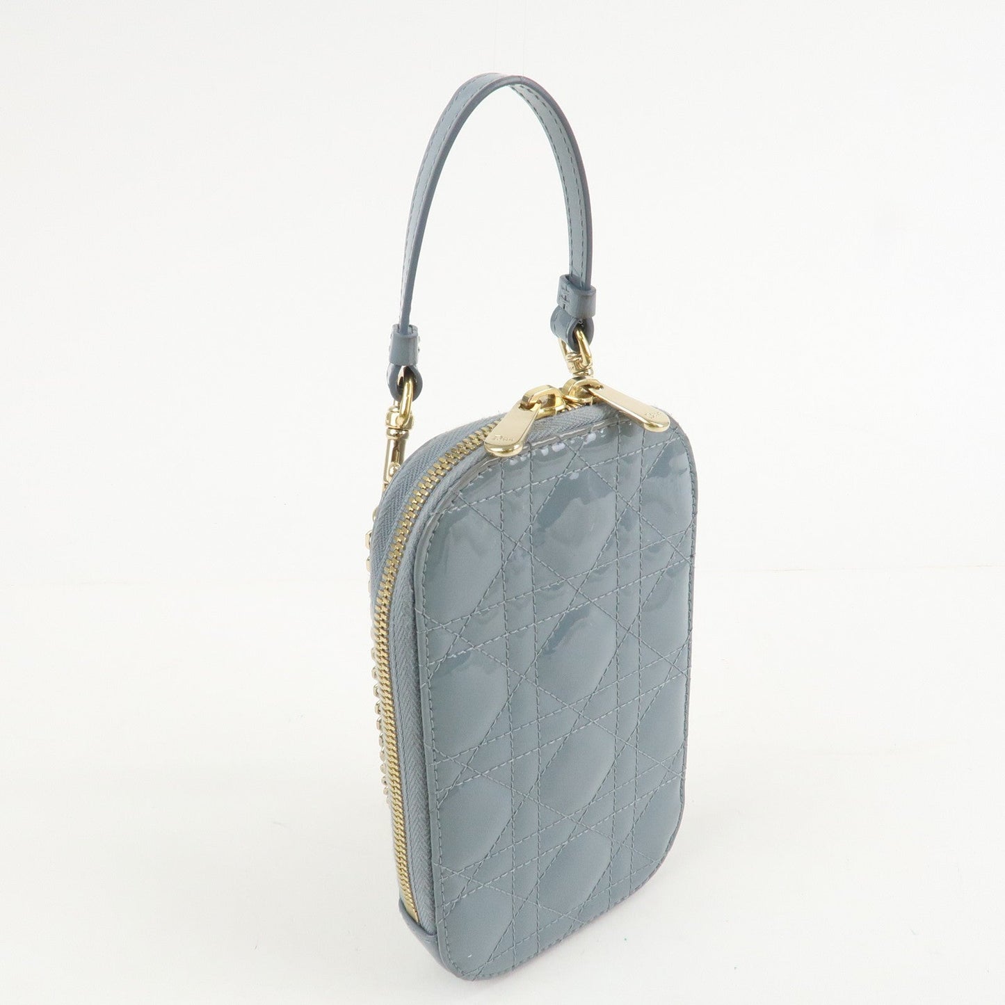 Christian Dior Lady Dior Cannage Patent Leather Phone Holder Light Blue d