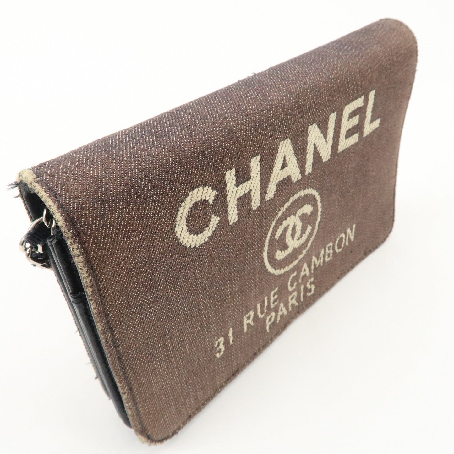 CHANEL Deauville Denim Chain Wallet Navy Brown Silver HDW A80795 d