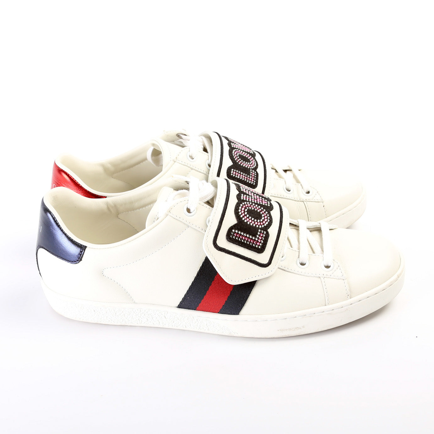 Gucci Ace Web Loved Embellished Velcro Leather Sneakers SIze