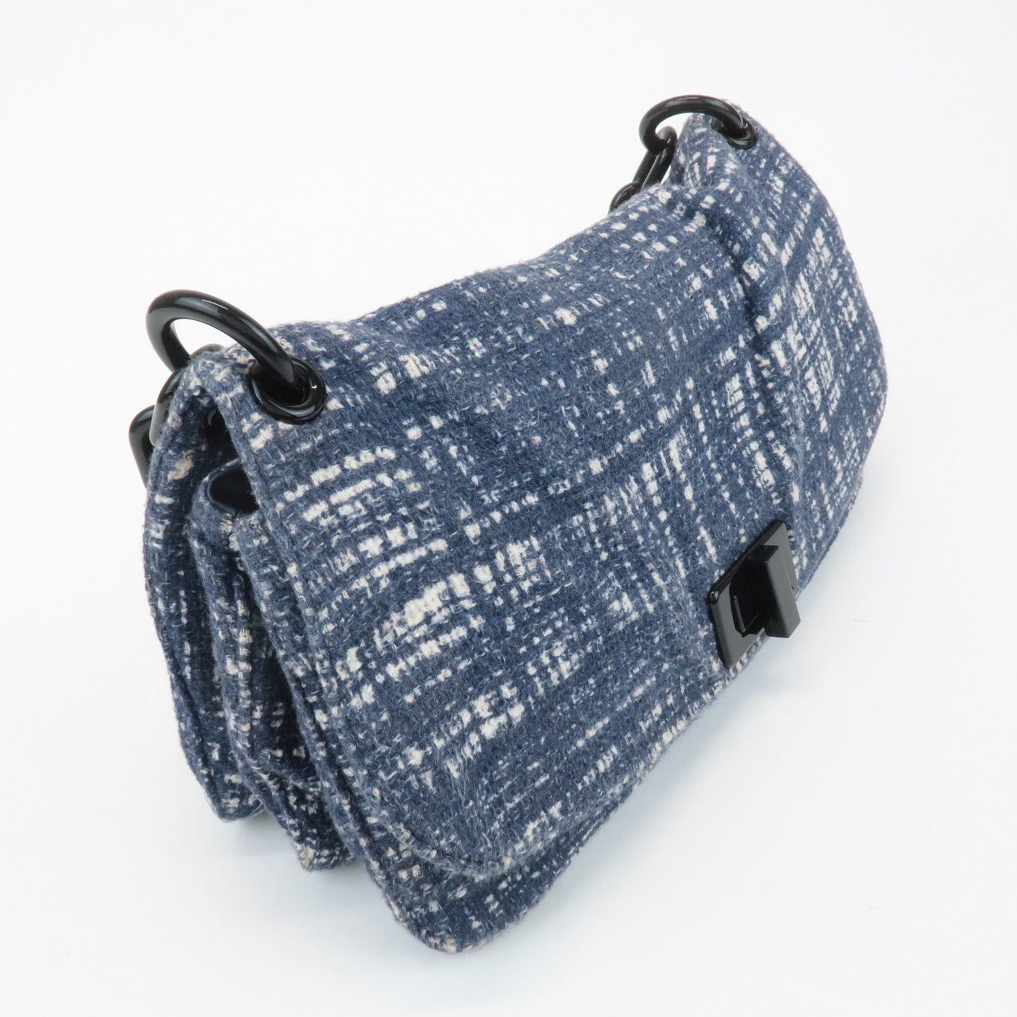 PRADA Tweed Leather Plastic Chain Shoulder Bag Navy White BR4874 d