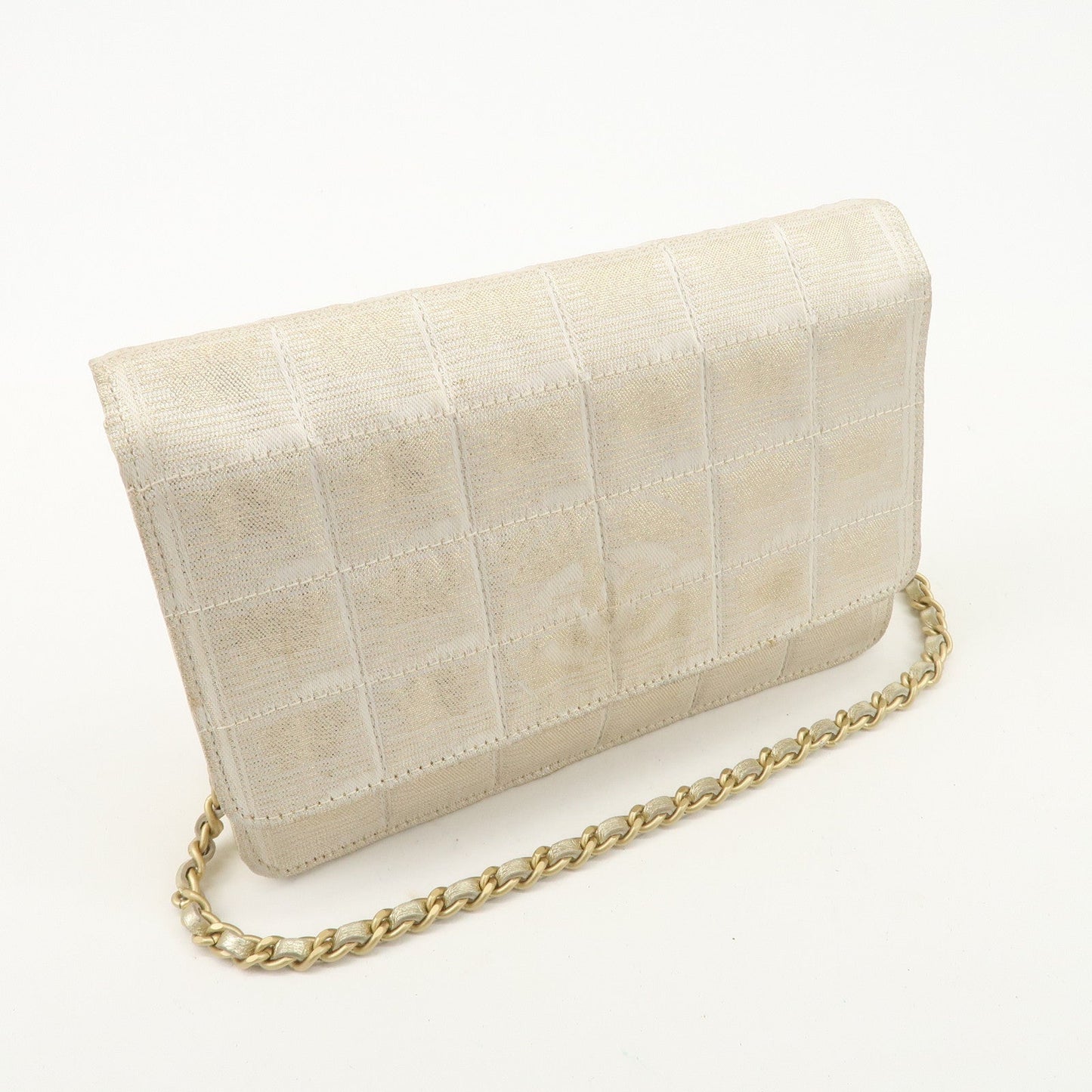 Chanel New Travel Line Nylon Jacquard Leather Chain Wallet Gold A15772 d