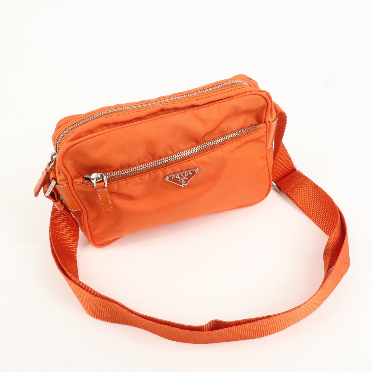 PRADA Triangle Logo Leather Nylon Shoulder Bag Orange d