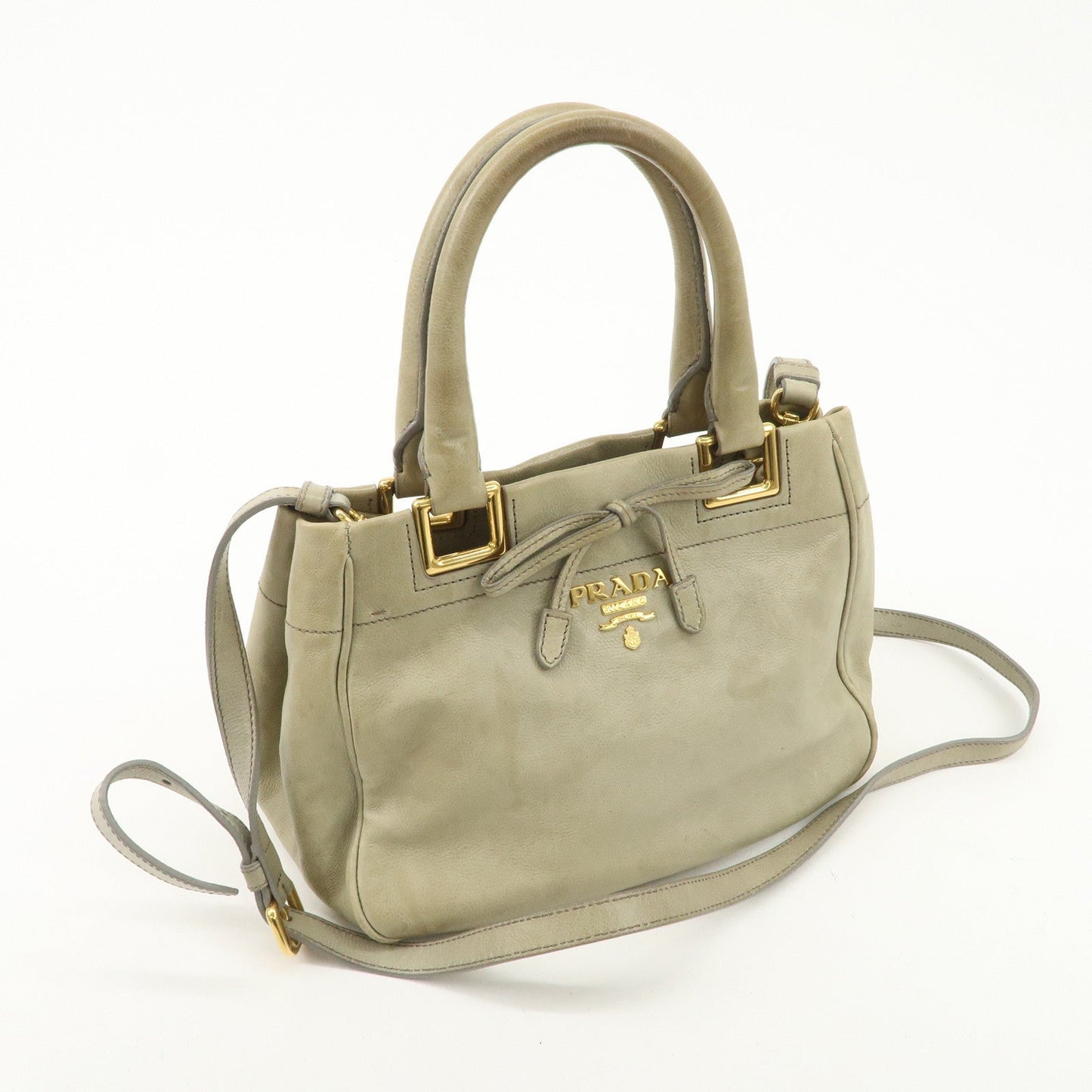 PRADA Logo Ribon Leather 2WAY Tote Bag Hand Bag Beige Gold HDW BN2245 d